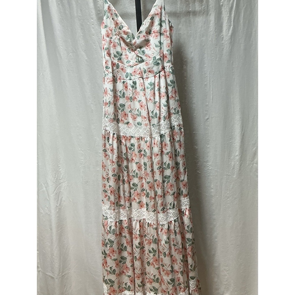 Altar'd State Alyseia Floral Maxi Dress Large Pink Green Lace Trim NWT